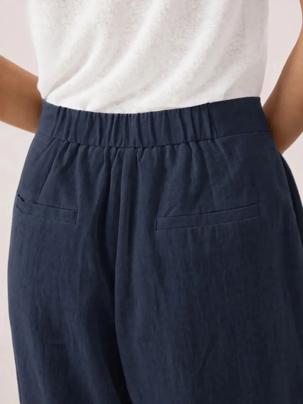 NIB UNOPENED 100% NAVY LINEN Buttoned Slit-Hem Pants KATYA Style